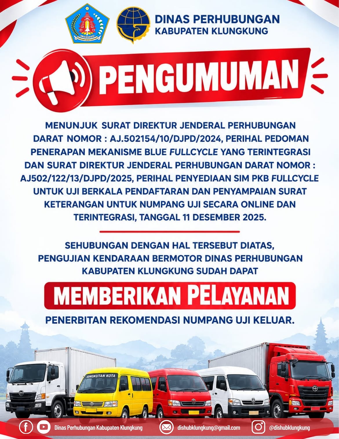 PENGUMUMAN PELAYANAN PENGUJIAN KENDARAAN BERMOTOR